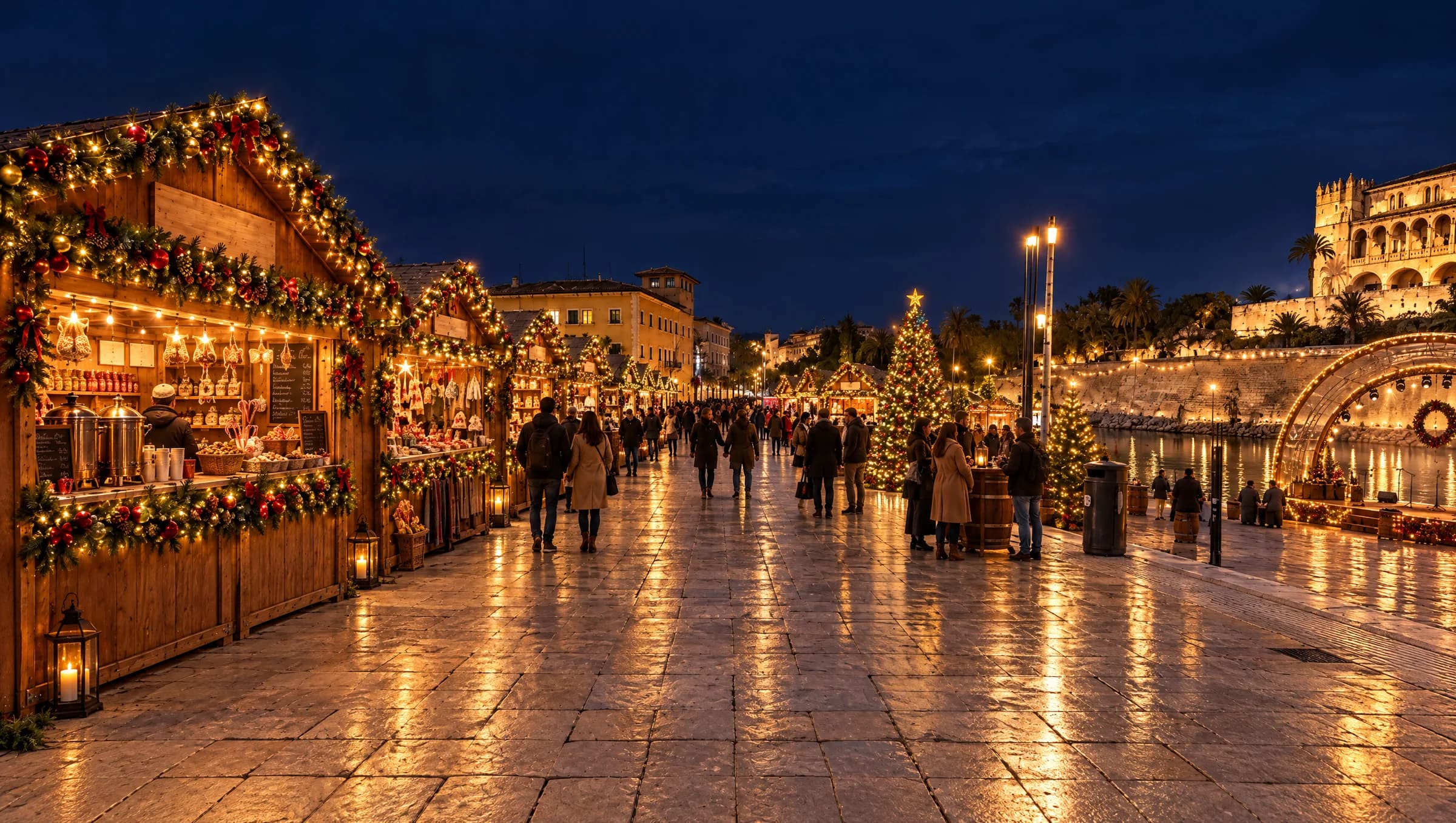 LA IDEA — el Parc de Nadal de nit al Parc de la Mar: casetes il·luminades, arbre de Nadal i escenari vora l’aigua